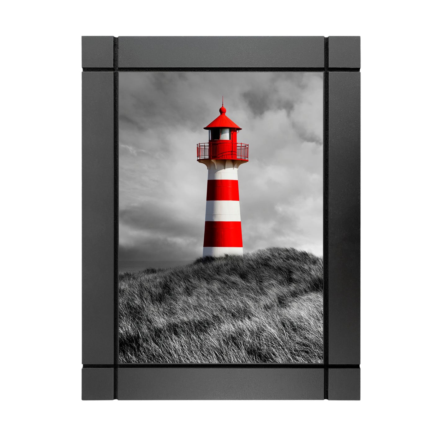 CUADRO DECORATIVO DE MADERA FARO ROJO EN PAISAJE BLACO Y NEGRO