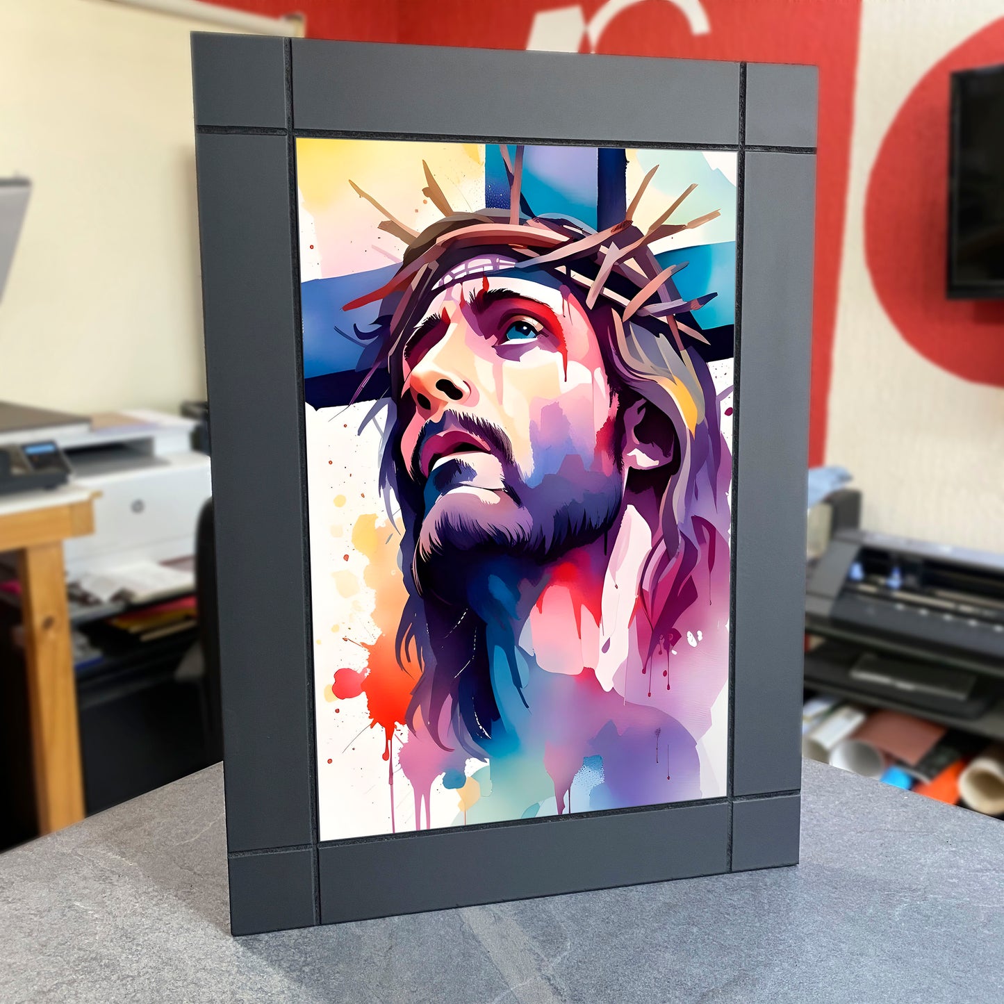 CUADRO DECORATIVO DE MADERA DIOS JESUS CRISTO ACUARELA
