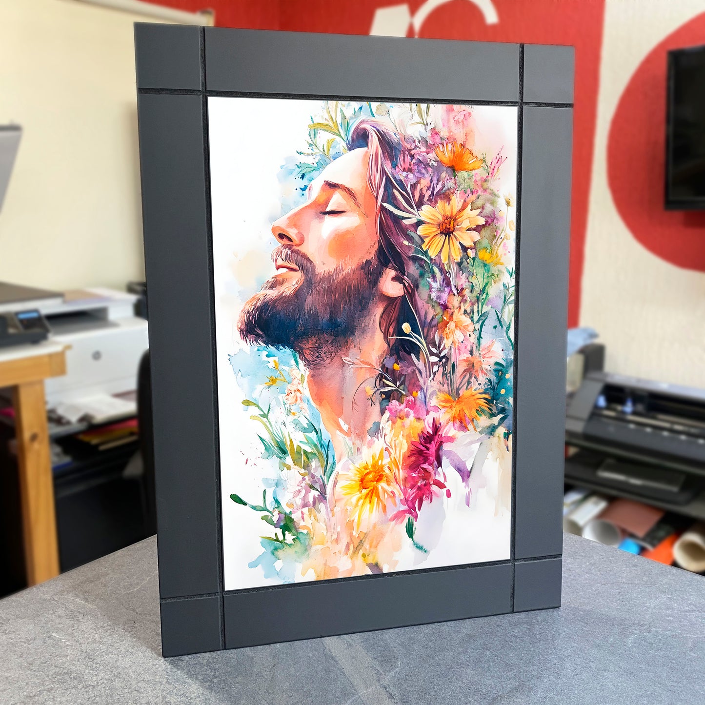 CUADRO DECORATIVO DE MADERA DIOS JESUS FLORES COLORIDAS