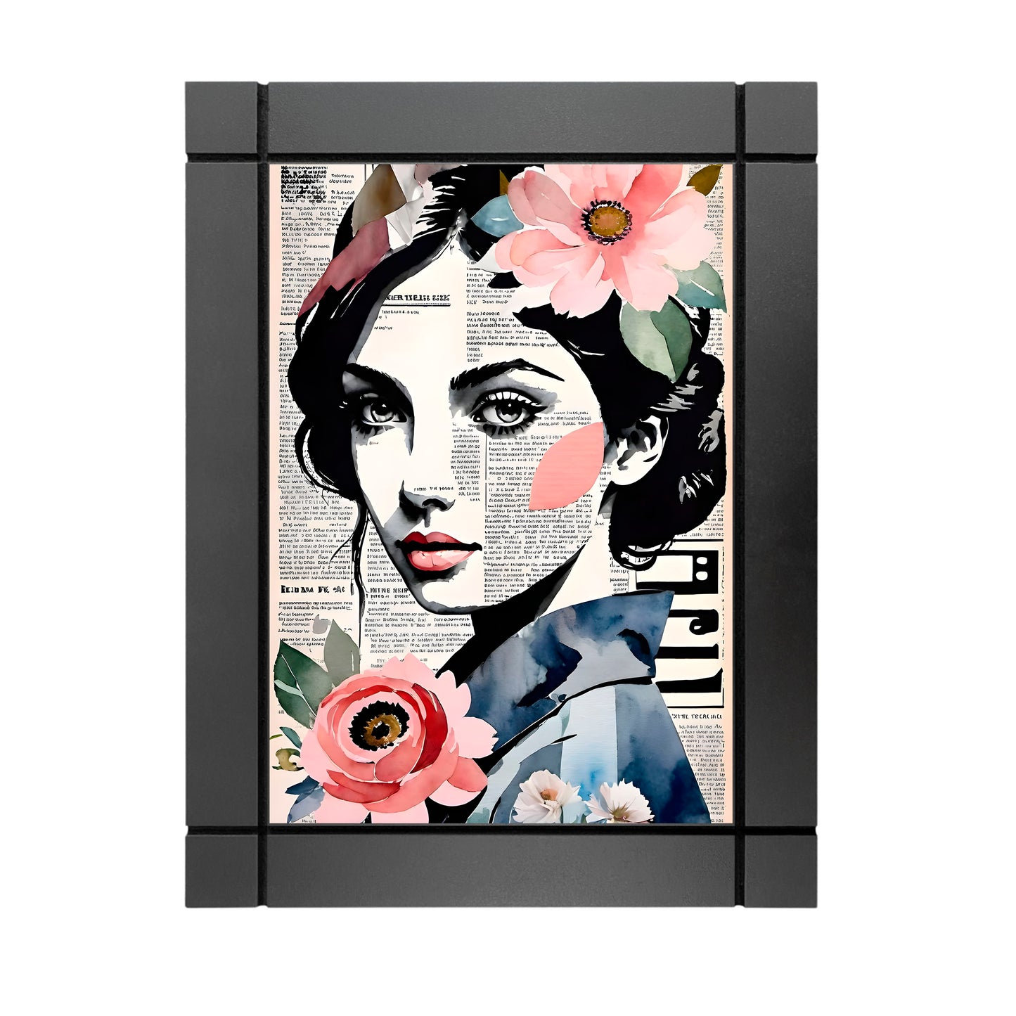 CUADRO DECORATIVO DE MADERA MUJER FLOR ROSA PERIODICO