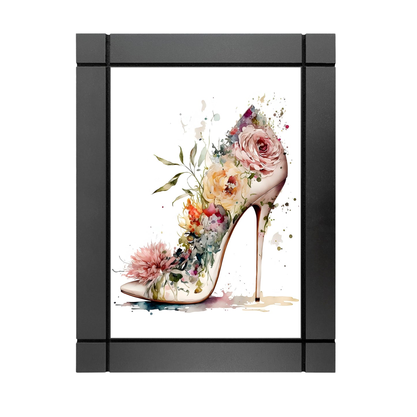 CUADRO DECORATIVO DE MADERA TACÓN ZAPATO FLORES ACUARELA