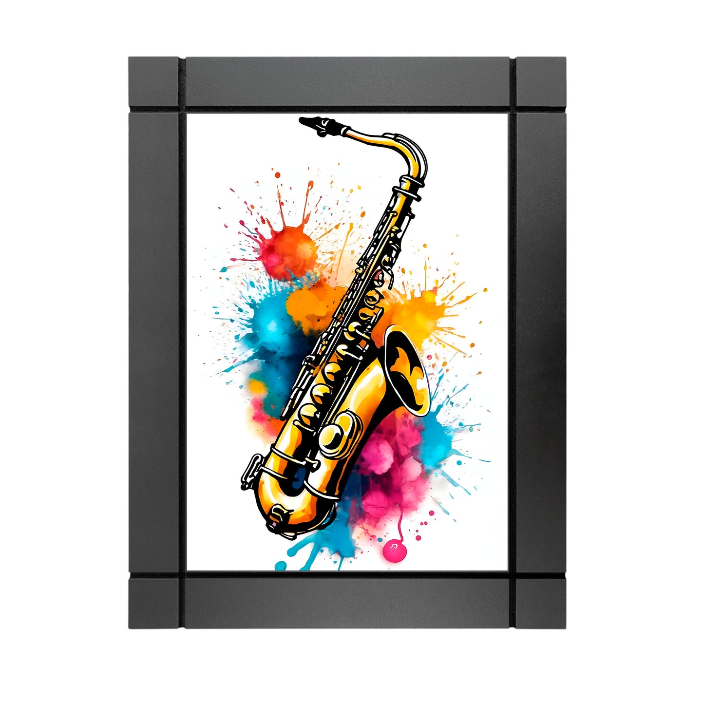 CUADRO DECORATIVO DE MADERA SAXOFON TIPO ACUARELA COLORES