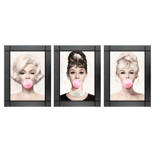 SET DE 3 CUADROS DECORATIVOS DE MADERA FAMOSAS CON CHICLE BUBLEGUM