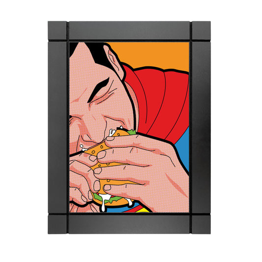 CUADRO DECORATIVO DE MADERA SUPER MAN COMIENDO POP ART