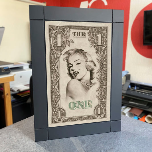 CUADRO DECORATIVO DE MADERA MARILYN MONROE BILLETE 1 DOLAR