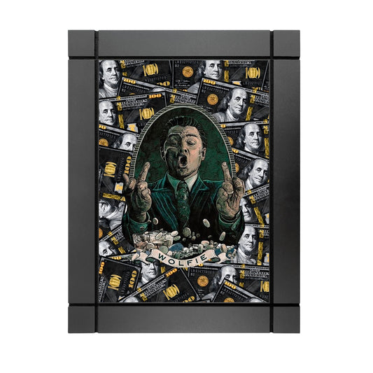 CUADRO DECORATIVO DE MADERA LOBO WALL STREET CRIPTO BILLETES