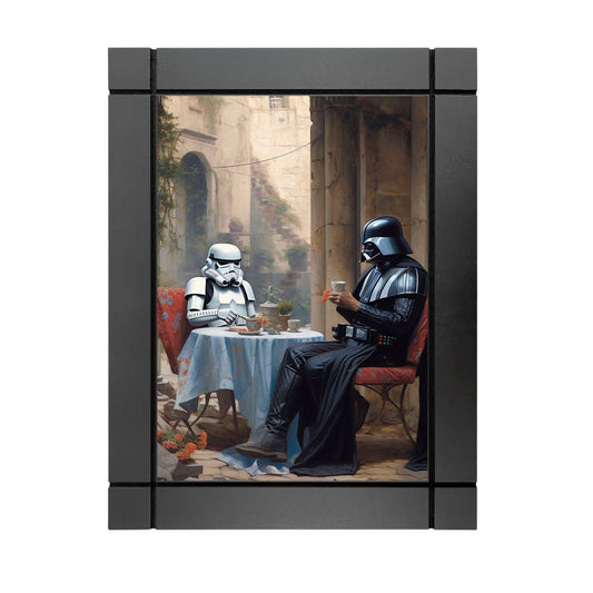 CUADRO DECORATIVO DE MADERA DART VADER TOMANDO CAFE CON STORMTROOPER