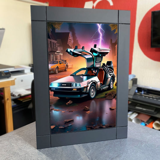 CUADRO DECORATIVO DE MADERA ILUSTRACIÓN VOLVER AL FUTURO DELOREAN