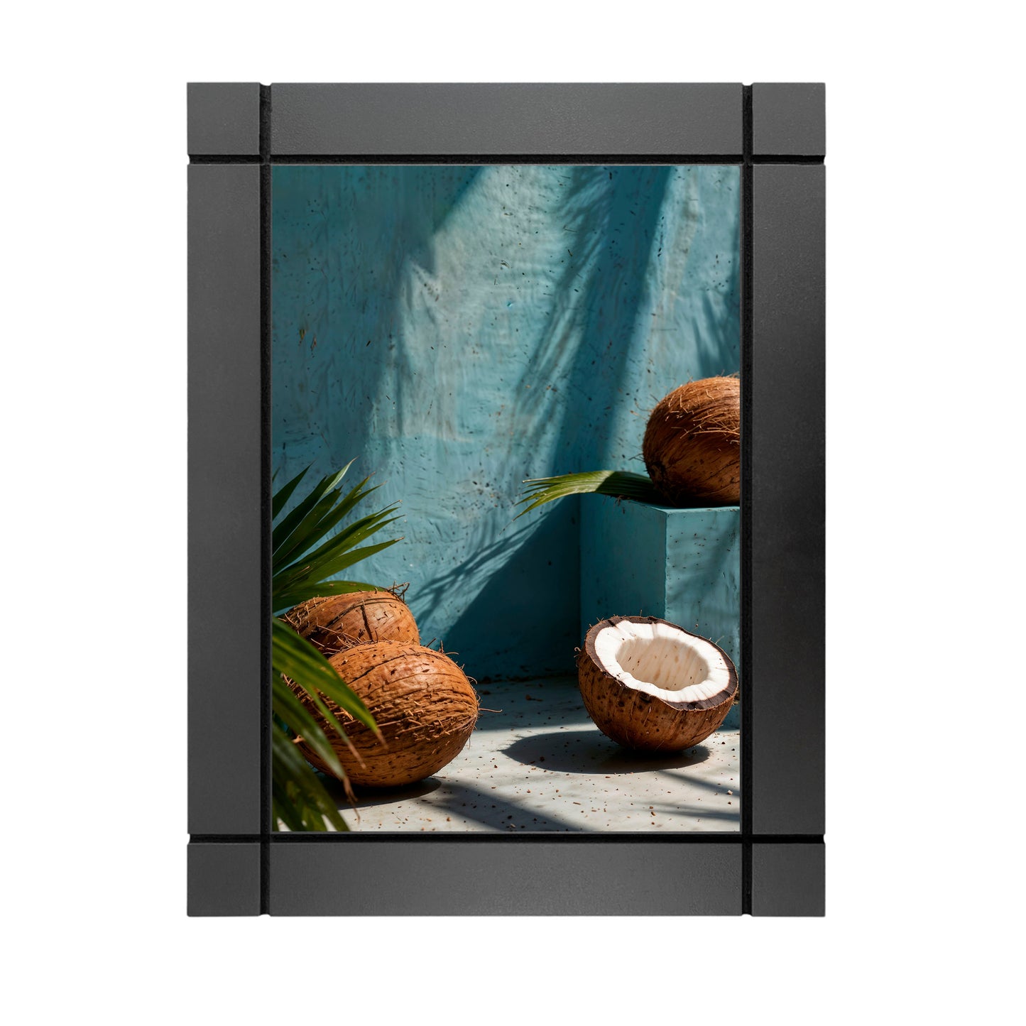 CUADRO DECORATIVO DE MADERA COCOS Y PALMERAS CON PARED TURQUESA