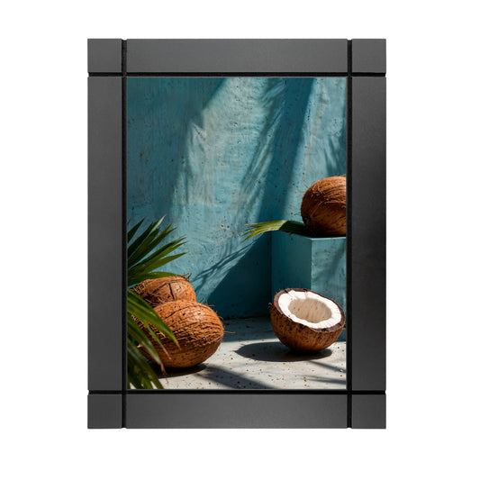 CUADRO DECORATIVO DE MADERA COCOS Y PALMERAS CON PARED TURQUESA