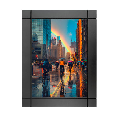 CUADRO DECORATIVO DE MADERA ARCOIRIS TARDE LLUVIOSA BIICLETAS NY