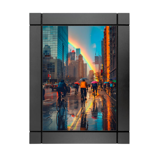 CUADRO DECORATIVO DE MADERA ARCOIRIS TARDE LLUVIOSA BIICLETAS NY