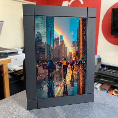 CUADRO DECORATIVO DE MADERA ARCOIRIS TARDE LLUVIOSA BIICLETAS NY