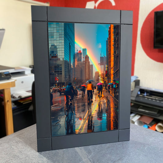 CUADRO DECORATIVO DE MADERA ARCOIRIS TARDE LLUVIOSA BIICLETAS NY