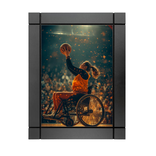 CUADRO DECORATIVO DE MADERA MUJER JUGANDO BASQUETBALL PARAOLÍMPICO