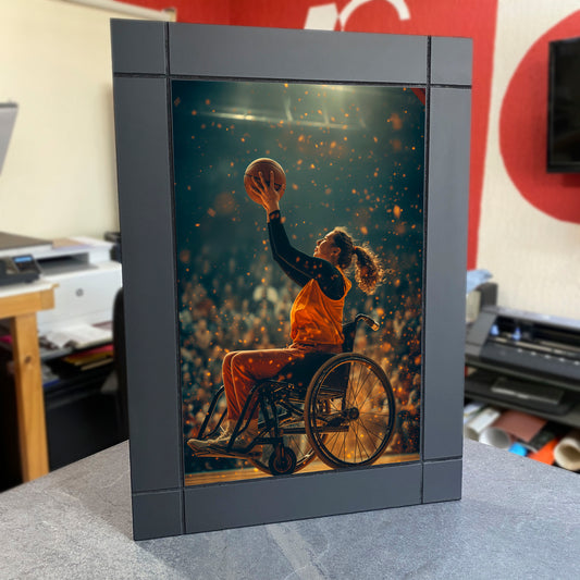 CUADRO DECORATIVO DE MADERA MUJER JUGANDO BASQUETBALL PARAOLÍMPICO
