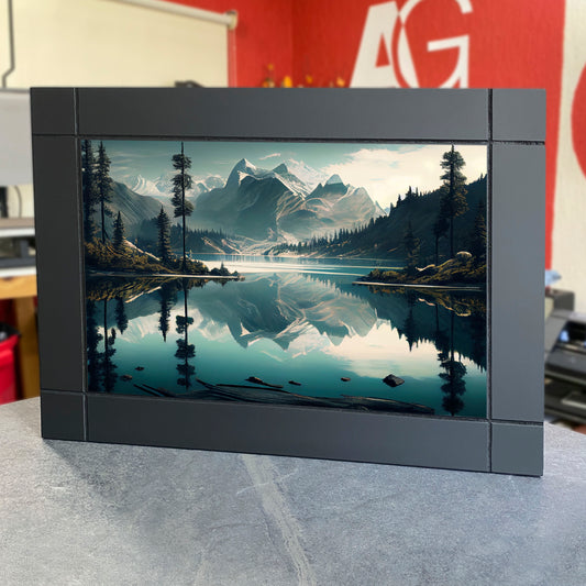 CUADRO DECORATIVO DE MADERA PAISAJE DE MONTAÑAS CON LAGO DIBUJO