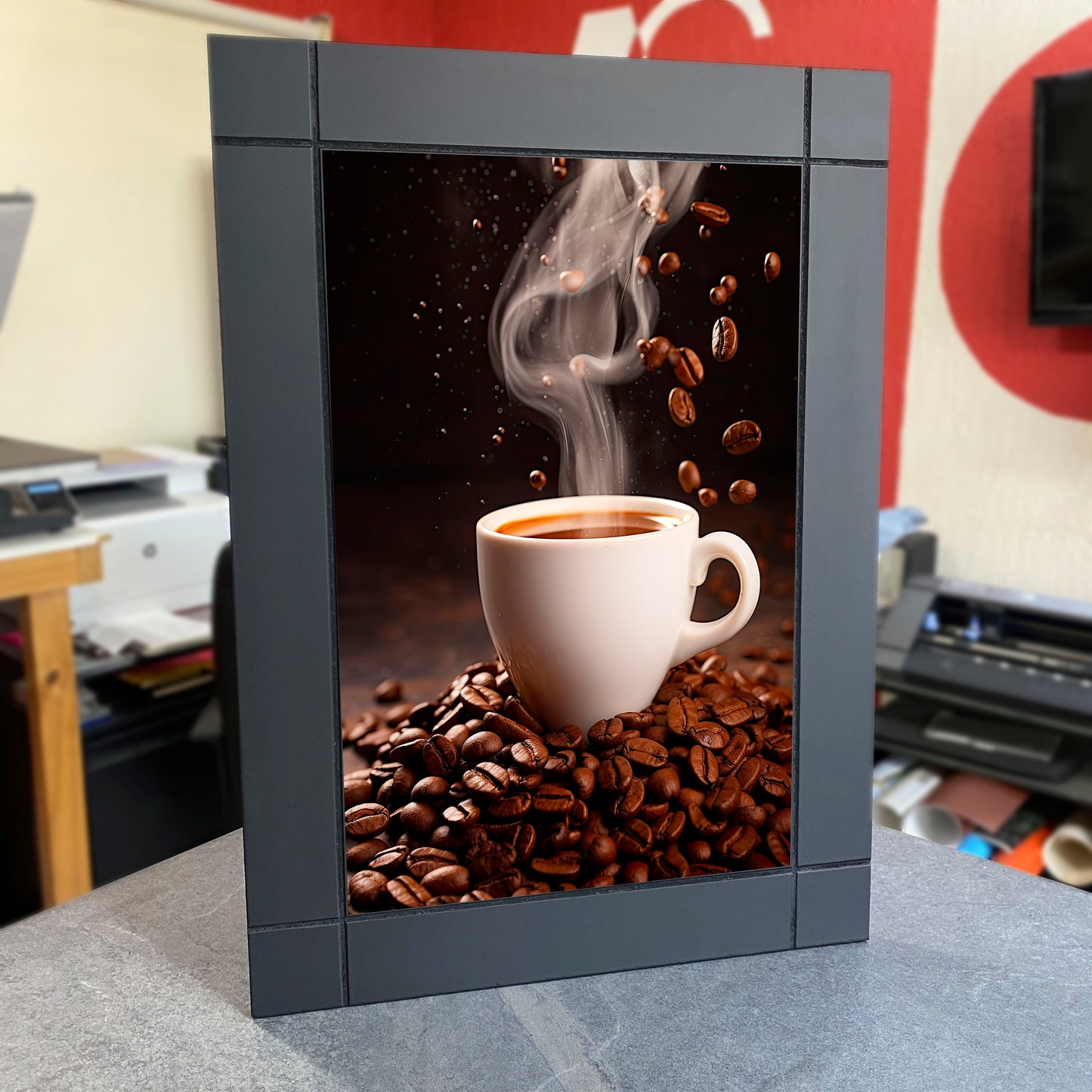 CUADRO DECORATIVO DE MADERA GRANOS DE CAFE CON TAZA CAFETERÍA