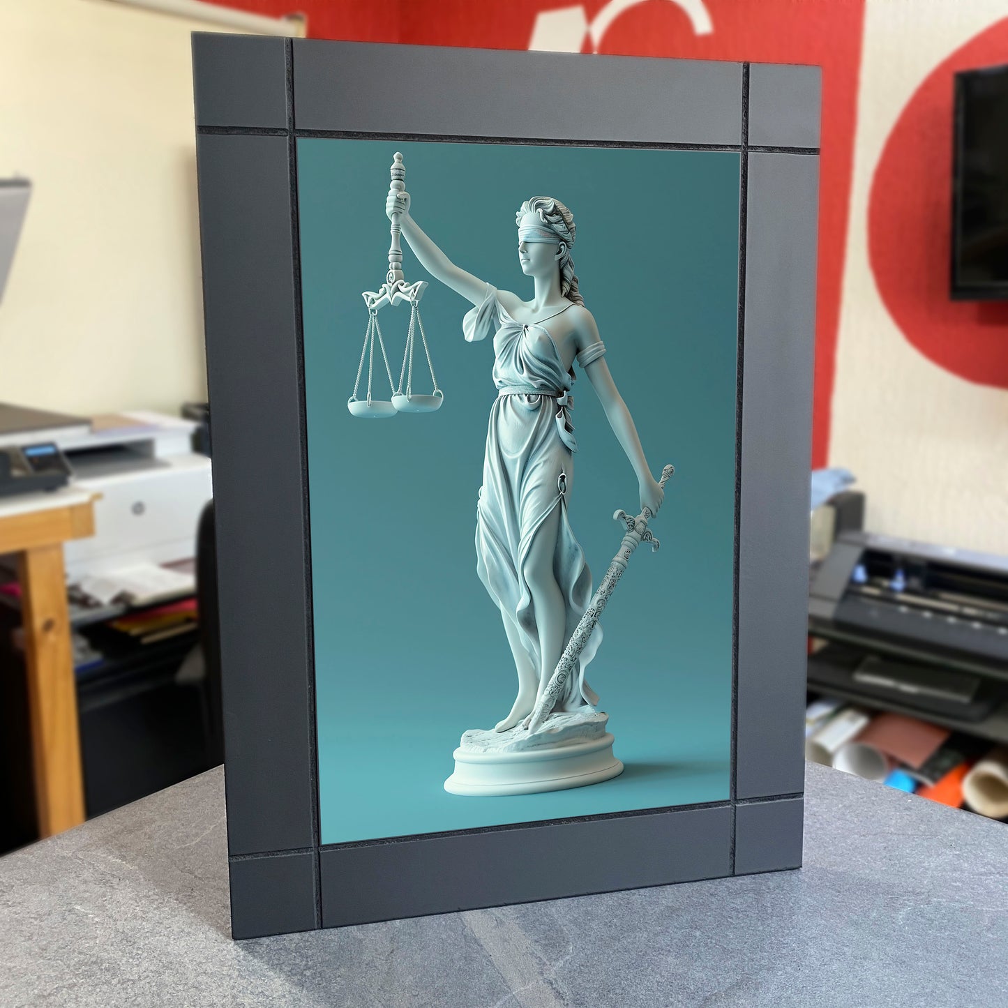 CUADRO DECORATIVO DE MADERA ESTATUA DE MUJER JUSTICIA THEMIS
