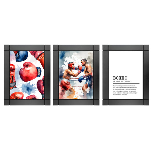 SET DE 3 CUADROS DECORATIVOS DE MADERA DEFINICIÓN BOXEO BOX ACUARELA