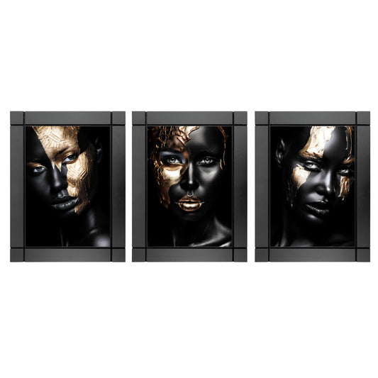 SET DE 3 CUADROS DECORATIVOS DE MADERA MUJERES AFROAMERICANAS NEGRO CON DORADO