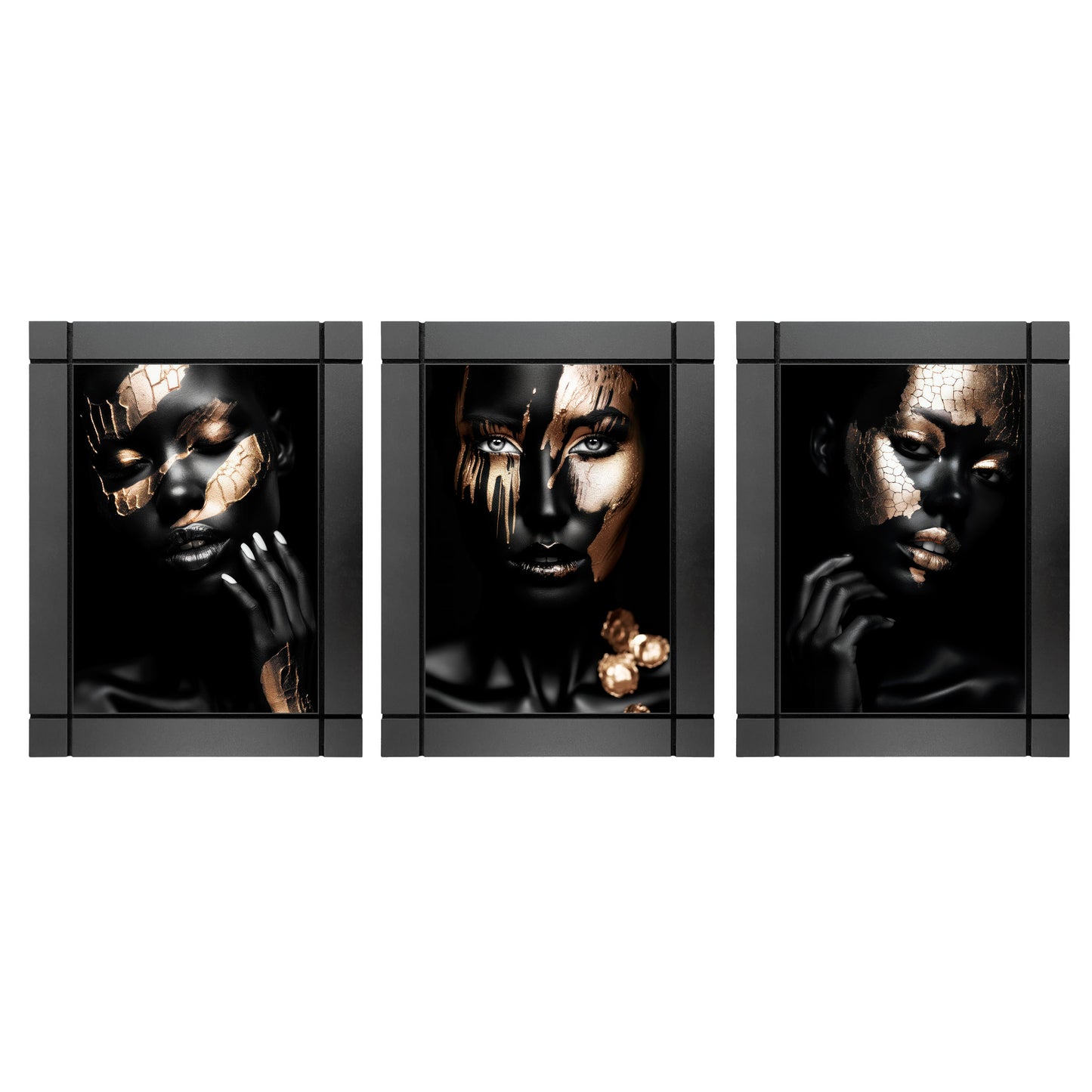 SET DE 3 CUADROS DECORATIVOS DE MADERA MUJERES AFROAMERICANAS NEGRO CON DORADO MODELO 2