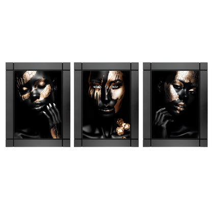 SET DE 3 CUADROS DECORATIVOS DE MADERA MUJERES AFROAMERICANAS NEGRO CON DORADO MODELO 2
