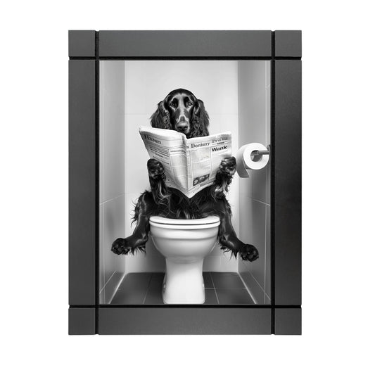 CUADRO DECORATIVO DE MADERA PERRO LABRADOR EN EL BAÑO LEYENDO PERIODICO