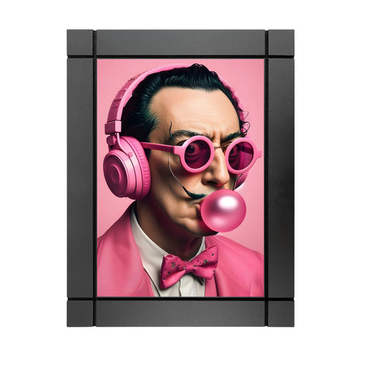 CUADRO DECORATIVO DE MADERA SALVADOR DALI LENTES AUDIFONOS Y CHICLE ROSA