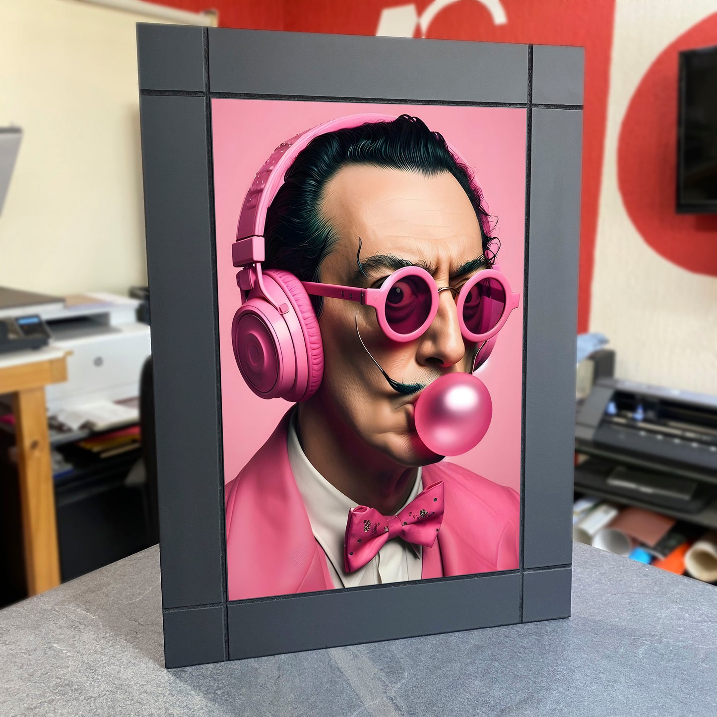 CUADRO DECORATIVO DE MADERA SALVADOR DALI LENTES AUDIFONOS Y CHICLE ROSA