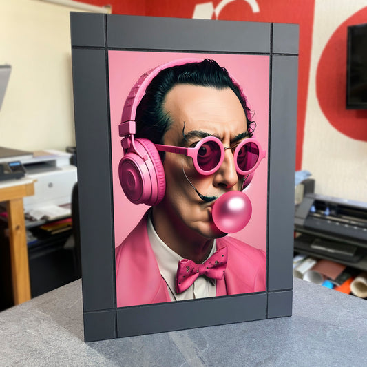 CUADRO DECORATIVO DE MADERA SALVADOR DALI LENTES AUDIFONOS Y CHICLE ROSA