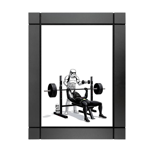 CUADRO DECORATIVO DE MADERA STORMTROOPER Y DART VADER HACIENDO PECHO GYM