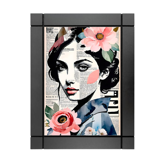 CUADRO DECORATIVO DE MADERA MUJER FLOR ROSA PERIODICO
