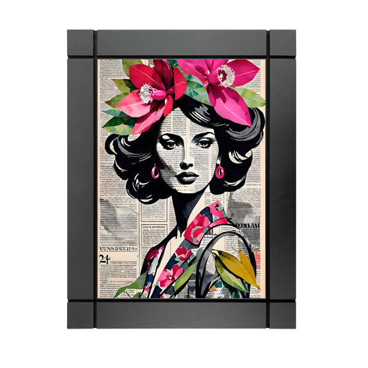 CUADRO DECORATIVO DE MADERA MUJER ELEGANTE PERIODICO ROSA