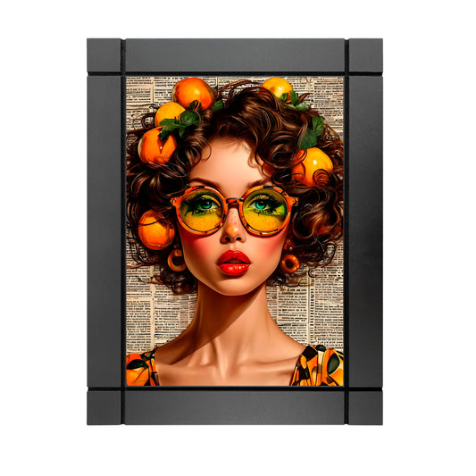 CUADRO DECORATIVO DE MADERA MUJER FASHION PERIODICO NARANJA