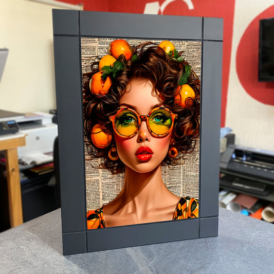CUADRO DECORATIVO DE MADERA MUJER FASHION PERIODICO NARANJA