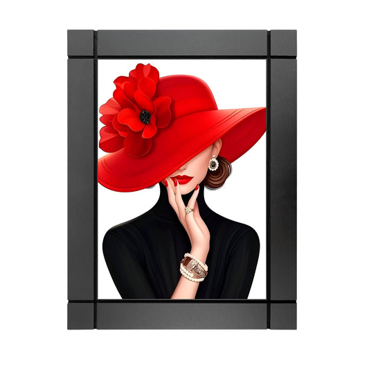 CUADRO DECORATIVO DE MADERA MUJER ELEGANTE SOMBRERO ROJO FLOR
