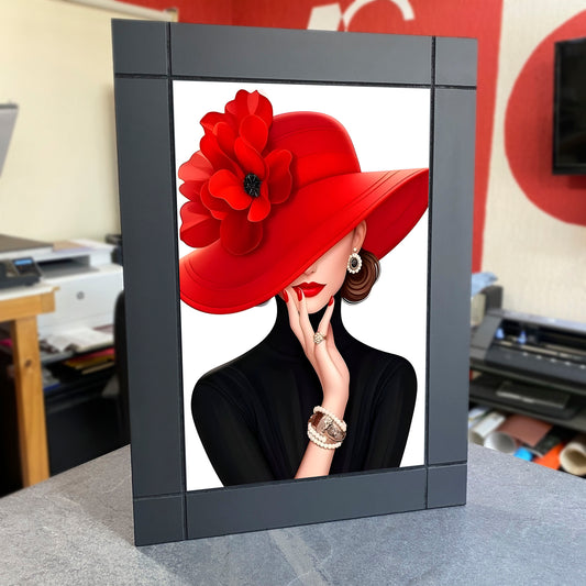 CUADRO DECORATIVO DE MADERA MUJER ELEGANTE SOMBRERO ROJO FLOR