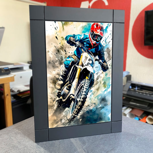 CUADRO DECORATIVO DE MADERA MOTOCICLETA MOTOCROSS ACUARELA