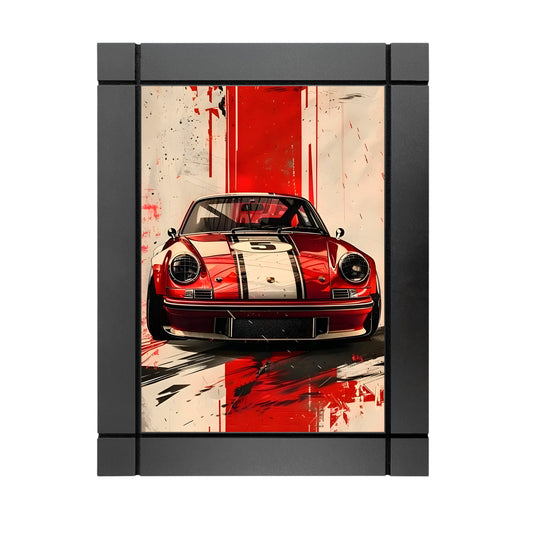 CUADRO DECORATIVO DE MADERA AUTO CLASICO ALEMAN LINEAS ROJAS PORSCHE