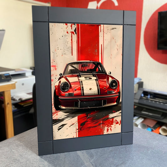 CUADRO DECORATIVO DE MADERA AUTO CLASICO ALEMAN LINEAS ROJAS PORSCHE