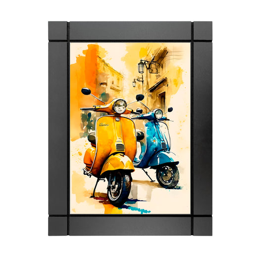 CUADRO DECORATIVO DE MADERA MOTOCICLETAS MOTONETAS ACUARELA