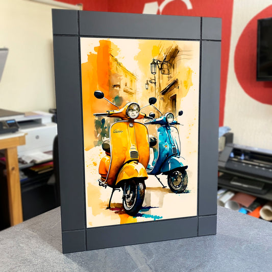 CUADRO DECORATIVO DE MADERA MOTOCICLETAS MOTONETAS ACUARELA