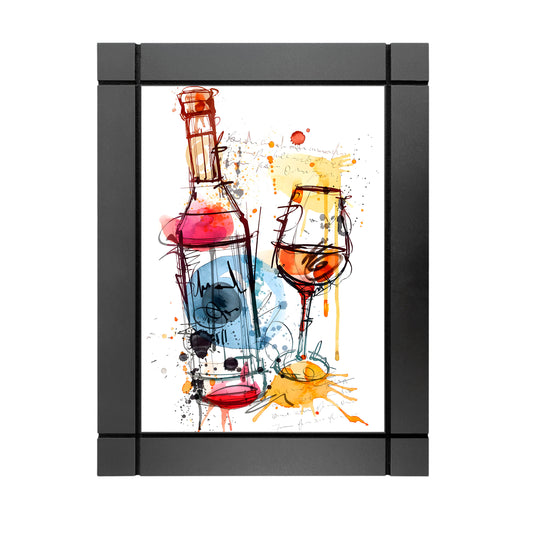 CUADRO DECORATIVO DE MADERA COPA Y VINO TINTO DIBUJO ACUARELA