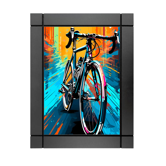CUADRO DECORATIVO DE MADERA DUBUJO BICICLETA RUTA COLORES