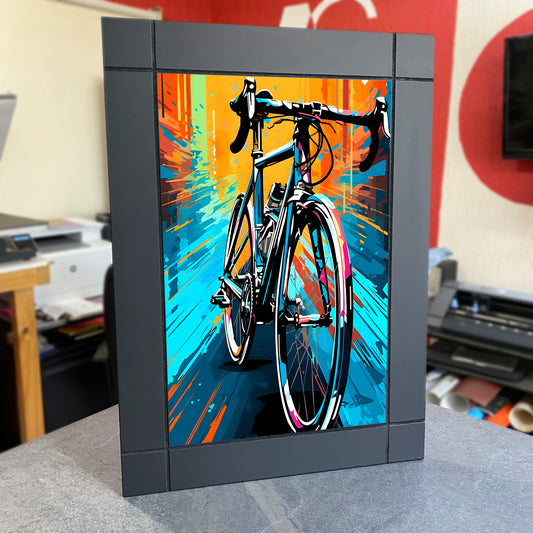 CUADRO DECORATIVO DE MADERA DUBUJO BICICLETA RUTA COLORES