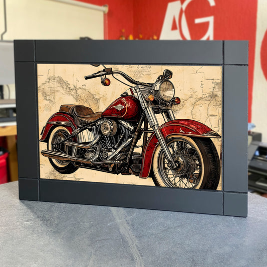 CUADRO DECORATIVO DE MADERA MOTOCICLETA CHOPPER MAPA HARLEY