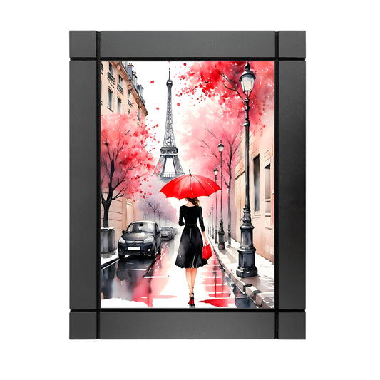 CUADRO DECORATIVO DE MADERA ACUARELA ROJO MUJER EN PARIS