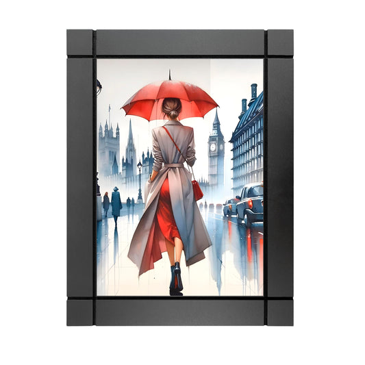 CUADRO DECORATIVO DE MADERA ACUARELA MUJER SOMBRILLA LONDRES