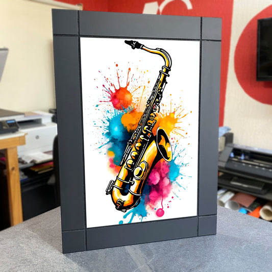 CUADRO DECORATIVO DE MADERA SAXOFON TIPO ACUARELA COLORES